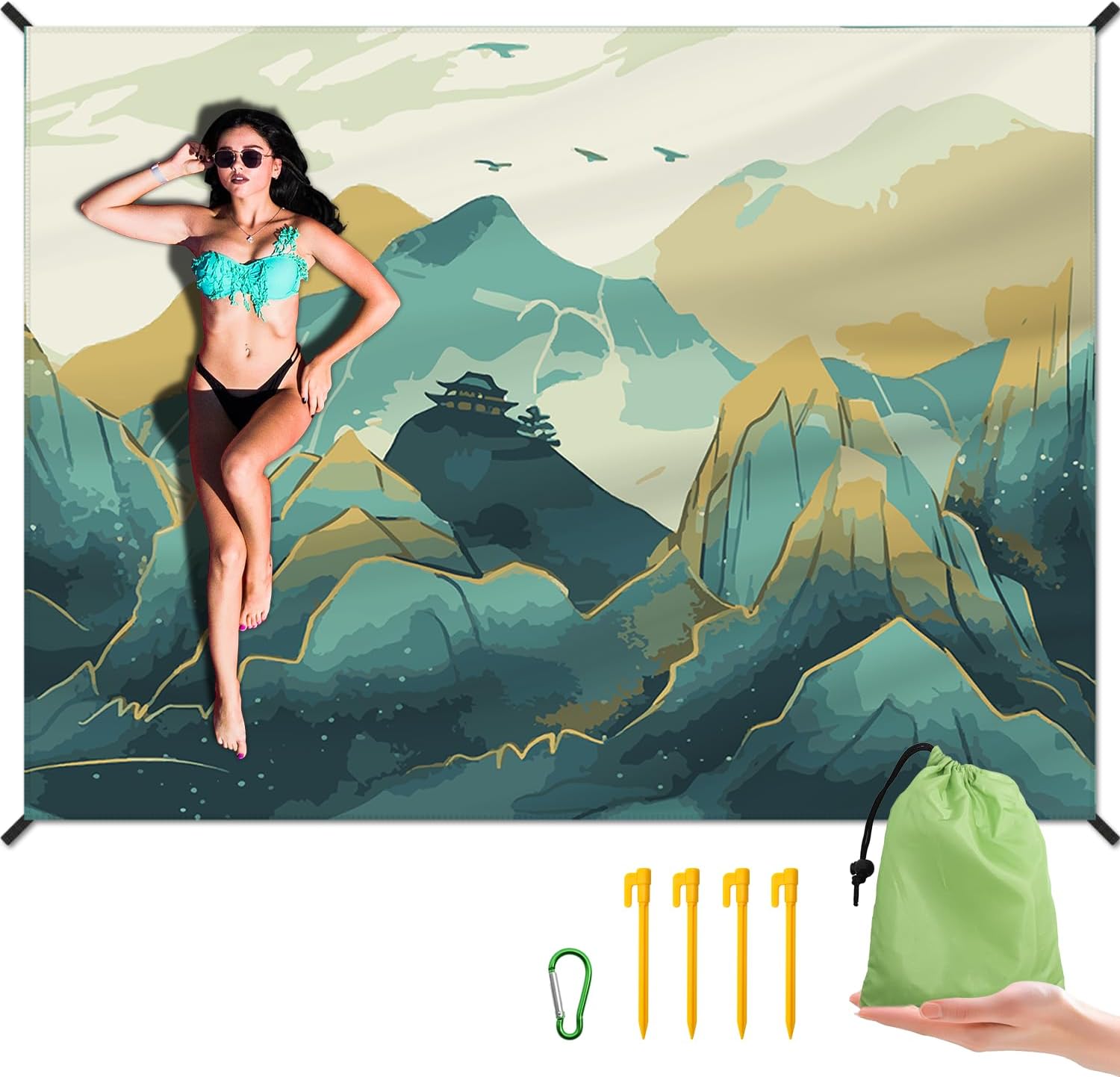 Large Waterproof Beach Blanket With Stakes