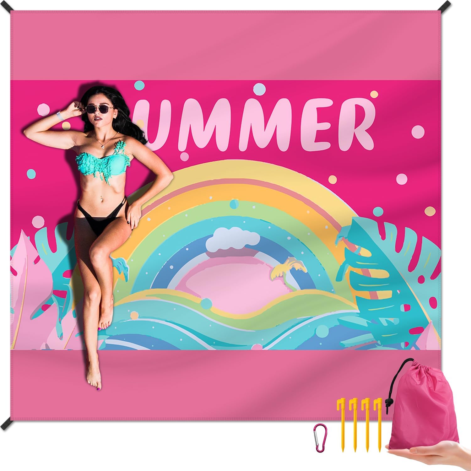 Large Waterproof Beach Blanket With Stakes