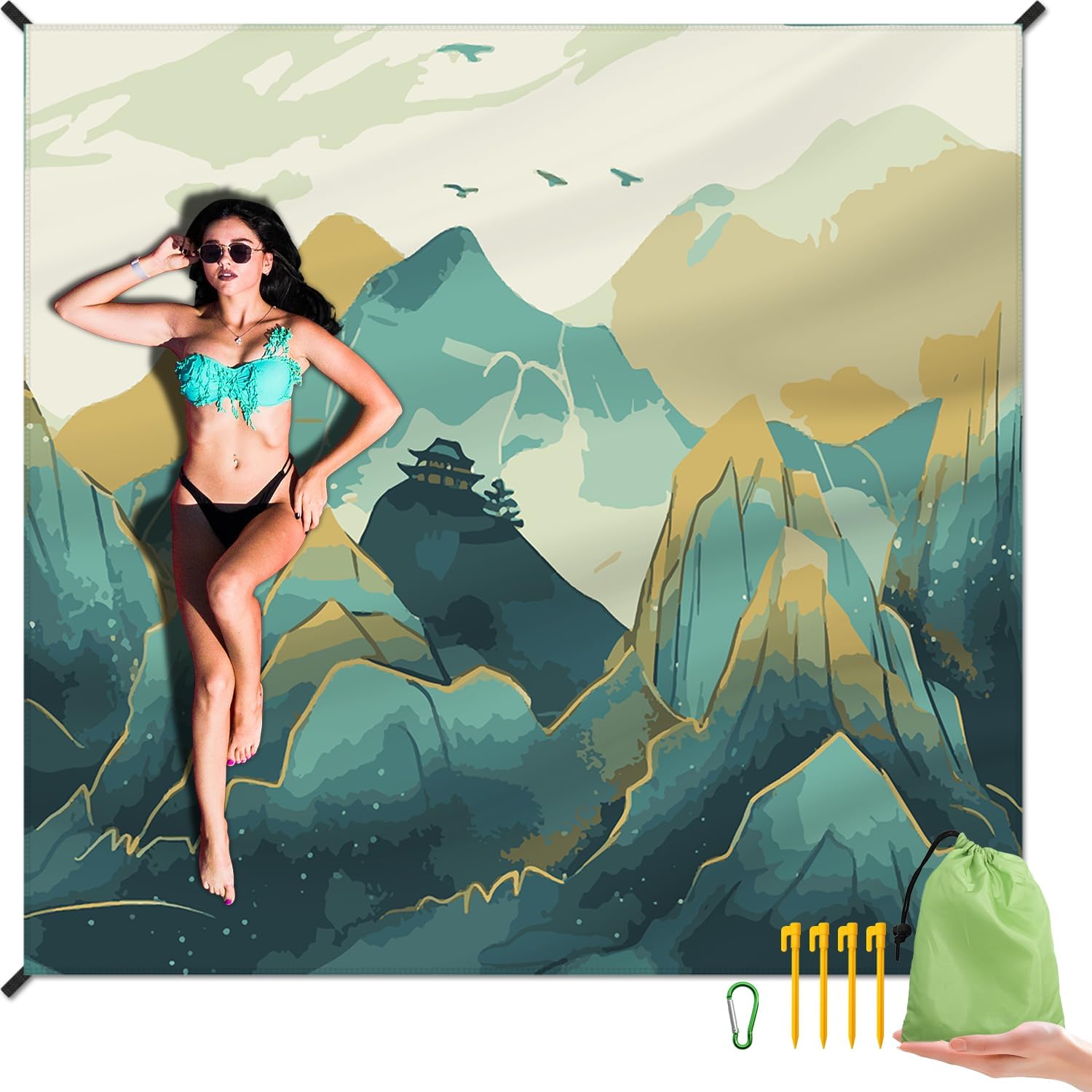 Large Waterproof Beach Blanket With Stakes