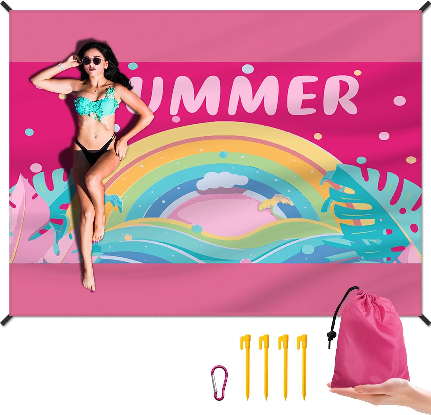 Large Waterproof Beach Blanket With Stakes
